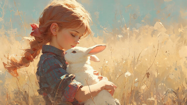 Easter concept, little cute little girl hugging a cute bunny. Oil paint