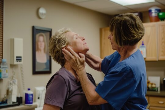 Professional physiotherapist performing neck alignment on female patient in clinic