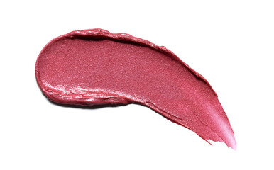 Red shimmering lipstick texture stroke isolated on white background. Cosmetic product swatch