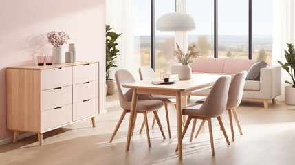 Fototapeta na wymiar Contemporary JYSK Furniture and Scandi-Inspired Dining Setting: The Perfect Fusion of Functionality and Style