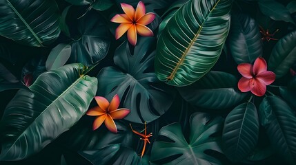 Tropical leaves colorful flower on dark tropical foliage nature background dark green foliage nature