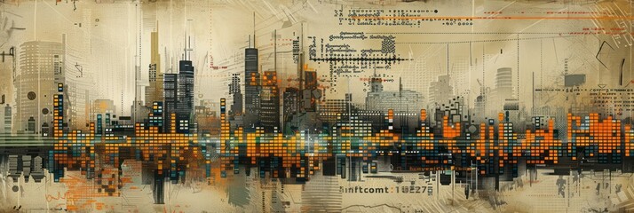 Abstract digital technology art with vibrant cityscape elements