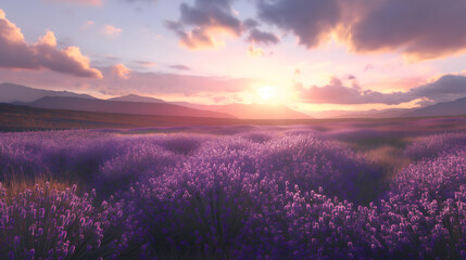 Lavender Fields at Sunset - obrazy, fototapety, plakaty