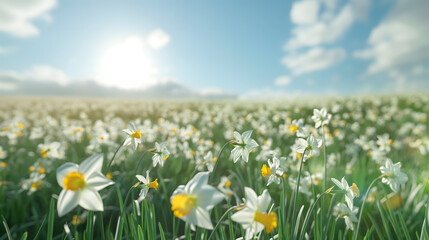 Obraz premium Serene Daffodil Field under a Bright Sky