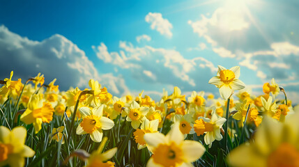 Sunny Daffodil Field Under Blue Sky