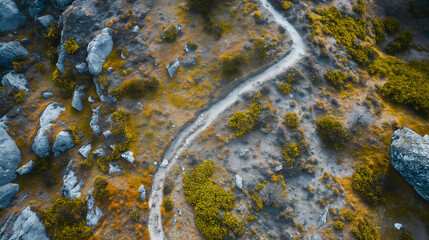 Aerial View of a Winding Trail Through Rocky Terrain