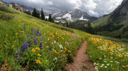 Mountain Trail Amidst Wildflowers and Snow-Capped Peaks