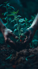 Hands Nurturing a Young Tomato Plant in Soil