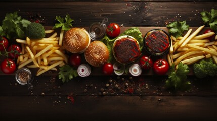 Large set of various fast food. French fries, hamburgers, tomato, cutlets, bun, lettuce and onion.