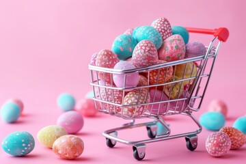 Colorful easter chocolate eggs in mini shopping cart on pink background