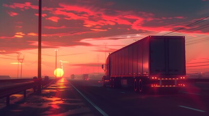 Truck driving on the asphalt road on highway on sunset background. Goods Delivery, Services and...