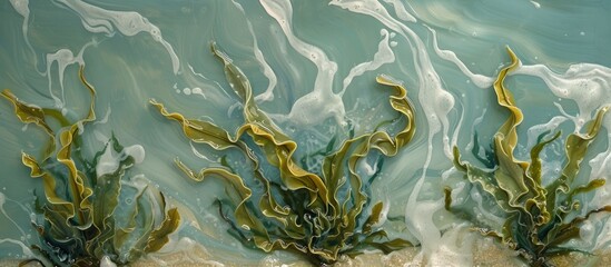 Fototapeta na wymiar This painting depicts seaweed gracefully intertwined with sand on a beach, creating a mesmerizing display of the natural beauty found on the shoreline. The intricate details of the seaweed and sand