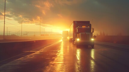 Truck driving on the asphalt road on highway on sunset background. Goods Delivery, Services and Transport logistics, Lorry driven, Generative AI