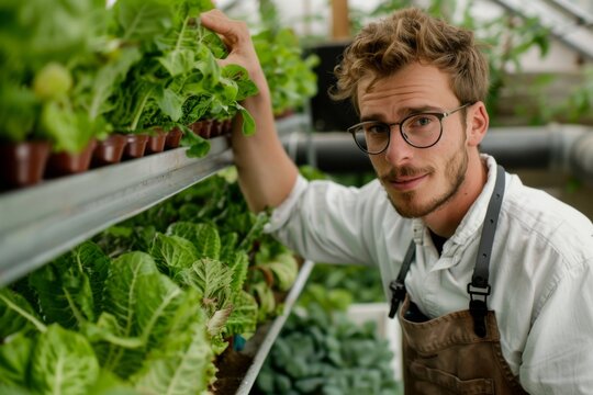A young white farmer wearing an apron and glasses shares photos online of fresh organic vegetables grown in his hydroponic farm