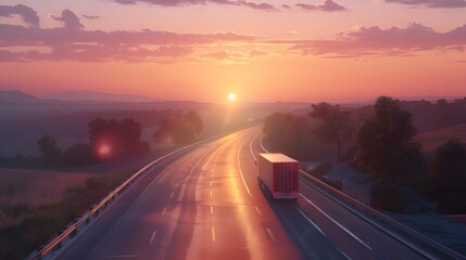 Truck driving on the asphalt road on highway on sunset background. Goods Delivery, Services and Transport logistics, Lorry driven, Generative AI