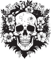 Floral Skull Emblem Thick Line Art Vector Logo Design Blossom Bones Flower Skull Icon Graphic in Bold Lines