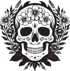 Bloomed Brilliance Vector Logo featuring Flower Skull in Bold Line Art Floral Fantasy Graphic Design of Flower Skull with Thick Lines