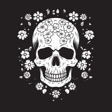 Rosy Remembrance Thick Line Art Flower Skull Iconography Garden Gothic Bold Line Flower Skull Logo Design