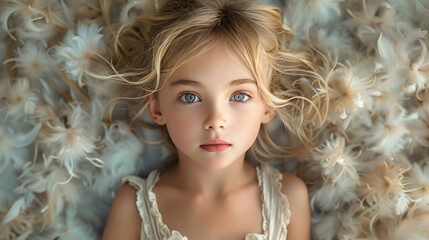 Fototapeta premium Conceptual kids photography, blond girl with blue eyes laying down on very soft surface.
