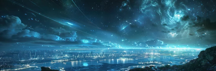 Cercles muraux Bleu Jeans Sparkling night sky over digital landscape with ethereal lights