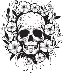 Botanic Bones Floral Skull Vector Icon Design Bloomed Boneyard Thick Line Art Logo with Flower Skull