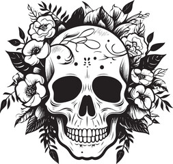 Rosy Remains Thick Line Art Flower Skull Icon Garden Ghoul Floral Skull Logo Design with Bold Lines
