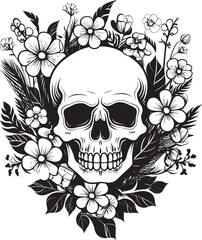 Floral Skull Emblem Thick Line Art Vector Logo Design Blossom Bones Flower Skull Icon Graphic in Bold Lines