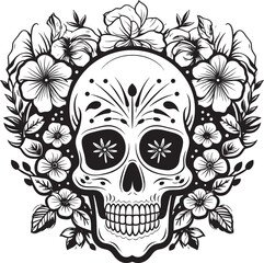 Botanic Bones Floral Skull Vector Icon Design Bloomed Boneyard Thick Line Art Logo with Flower Skull
