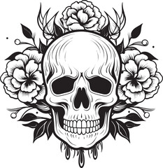 Garden Ghoul Floral Skull Logo Design with Bold Lines Bouquet Bones Thick Line Art Flower Skull Vector Graphic