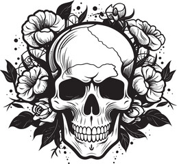 Rosy Remains Thick Line Art Flower Skull Icon Garden Ghoul Floral Skull Logo Design with Bold Lines