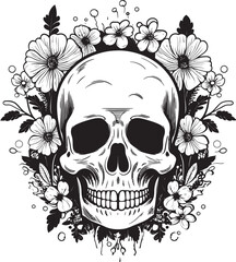 Bouquet Bones Thick Line Art Flower Skull Vector Graphic Meadow Mortality Flower Skull Icon in Bold Line Art