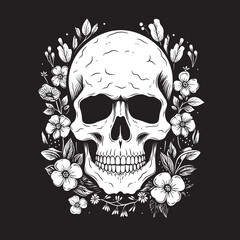 Rosy Remains Thick Line Art Flower Skull Icon Garden Ghoul Floral Skull Logo Design with Bold Lines