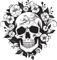 Bouquet Bones Thick Line Art Flower Skull Vector Graphic Meadow Mortality Flower Skull Icon in Bold Line Art
