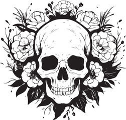 Fototapeta premium Floral Frenzy Flower Skull Graphic in Bold Line Art Rosy Remains Thick Line Art Flower Skull Icon