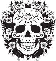 Garden Ghoul Floral Skull Logo Design with Bold Lines Bouquet Bones Thick Line Art Flower Skull Vector Graphic