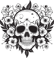 Bouquet Bones Thick Line Art Flower Skull Vector Graphic Meadow Mortality Flower Skull Icon in Bold Line Art