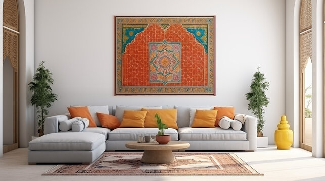 Fototapeta Jasny salon boho - marokański mockup dla obrazu na ścianie. Brązowe i żółte kolory wnętrza. Render 3d. Wizualizacja. Sofa z poduszkami i stolik