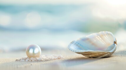 Fototapeta na wymiar Seashell with a shimmering pearl on sandy beach with soft light