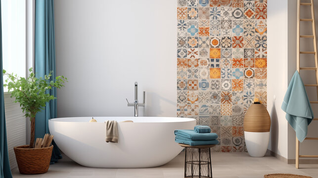 Nowoczesna jasna łazienka w stylu boho. Ozdobna ściana i wanna, akcesoria i dodatki w niebieskim kolorze. Wizualizacja render 3d. Inspiracja na wystr&oacute;j wnętrza. Mockup na obraz. Ramka na plakat maroko