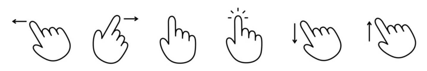 Pointing hand gestures isolated vector icon set.Touch, point, click, press, swipe left and right, swipe up and down hand gesture clipart element.Pointer cursor sign.Apps or games user interface assets