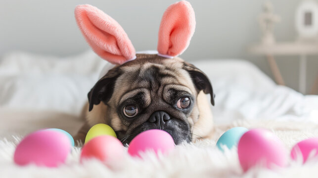Pug dog on bed with easter colored eggs