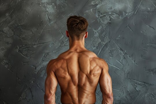Attractive male body builder s back on gray background