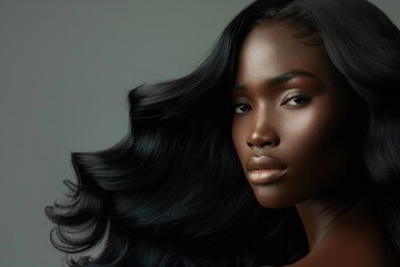 Beautiful black woman with flawless complexion and voluminous hair in a grey studio with empty space