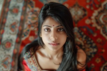 Fototapeta premium Beautiful Indian woman portrayed on carpet