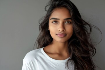 Beautiful Indian girl with perfect skin posing for head shot portrait She is a pretty young woman wearing a white t shirt looking straight at the camera The pho