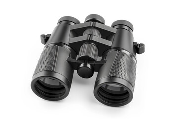 A close-up view of modern, black binoculars with textured grips, isolated on a white background, showcasing intricate details and quality.