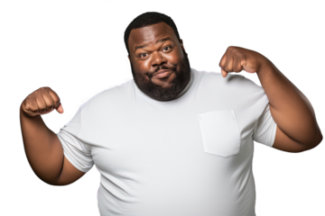 Close up of a happy fat african man celebrating