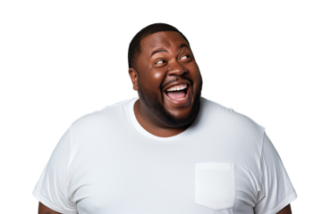 Close up of a happy fat black man celebrating