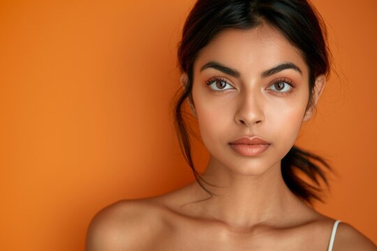 Beautiful ethnic naked young woman with healthy skin isolated on orange brown studio background looks satisfied with good skincare routine