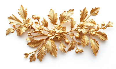A luxurious golden floral arrangement, intricately designed with detailed leaves and flowers, isolated on a white background